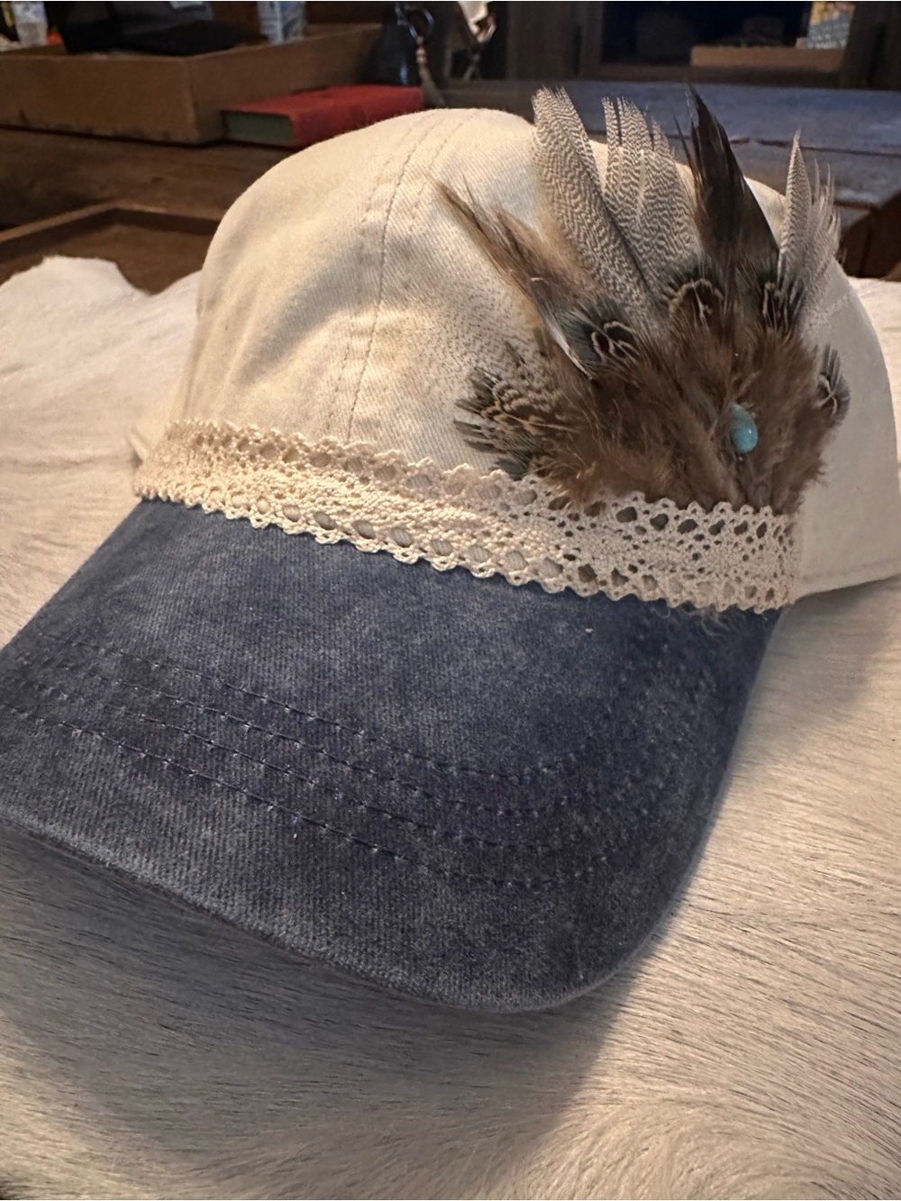 Boho Feather Lace Baseball Cap - Cream & Denim Blue